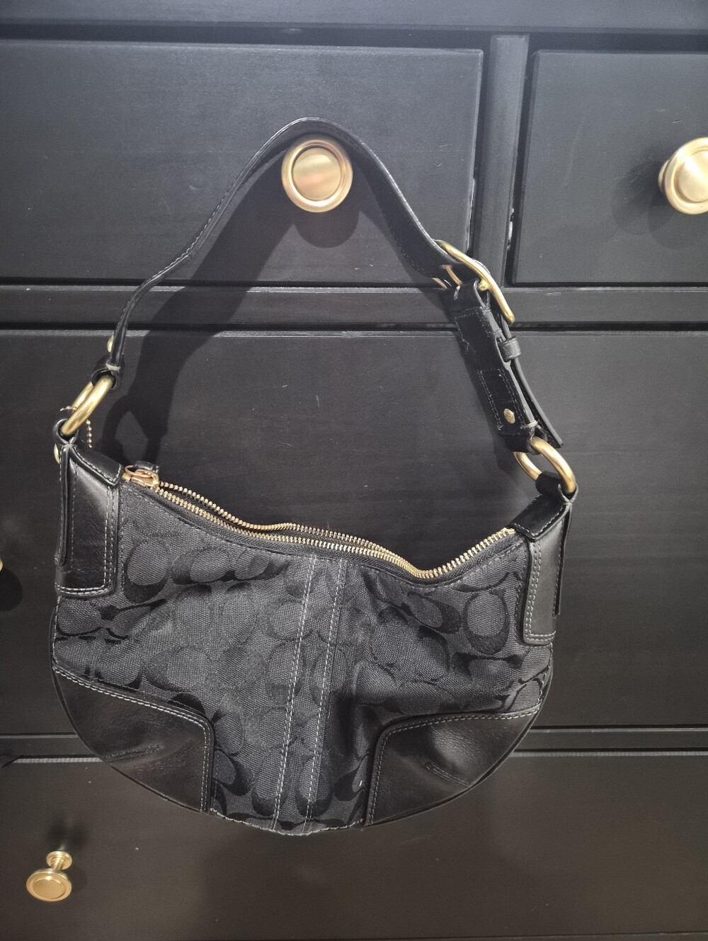 Coach EUC Soho Black Signature Logo/Leather Trim Bag #11371